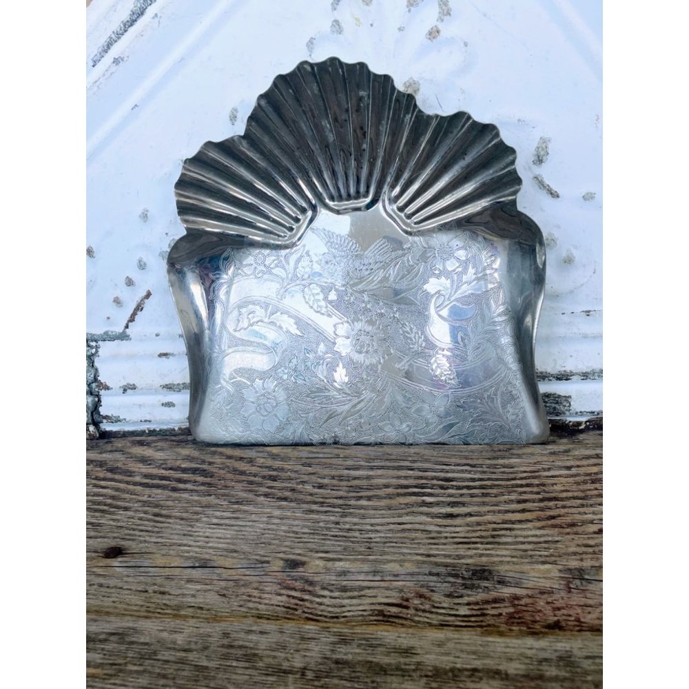 Antique Crumb Pan Tray Clam Shells Etched Bluebird flowers